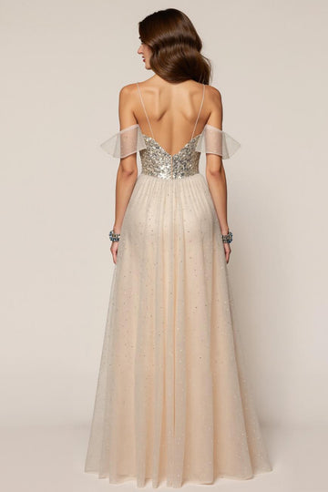 Champagne A-Line Cold Shoulder Sequin Formal Dress With Slit